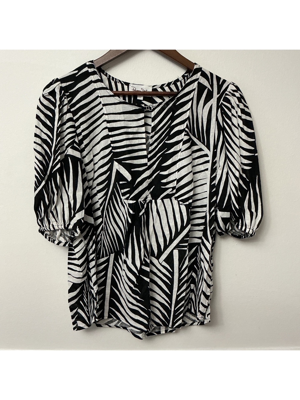 Panama Jack Large Linen Blend Tropical Palm Print Blouse Black White